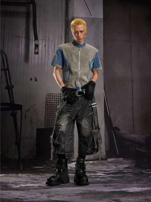 Short Sleeve Stand Collar Faux Leather Jacket 4