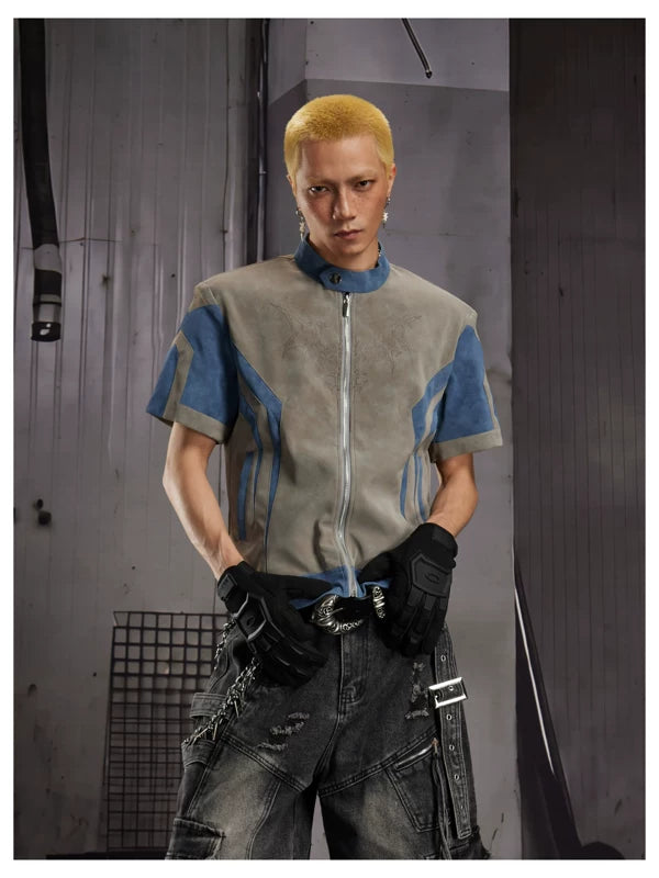 6274827574026,6274827574027,6274827574028, Short Sleeve Stand Collar Faux Leather Jacket