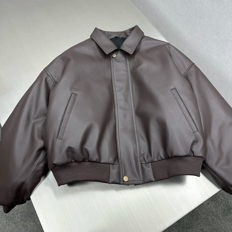 Short Wide Genuine Leather Taxi Jacket 2