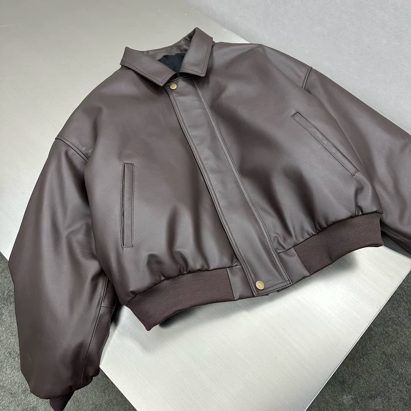 Short Wide Genuine Leather Taxi Jacket 3