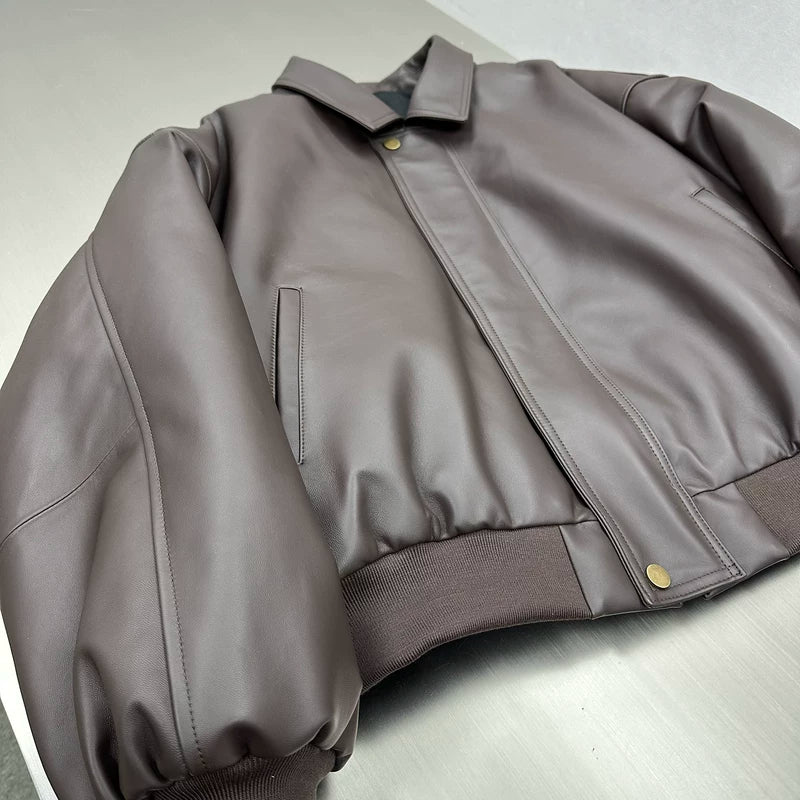 Short Wide Genuine Leather Taxi Jacket 5