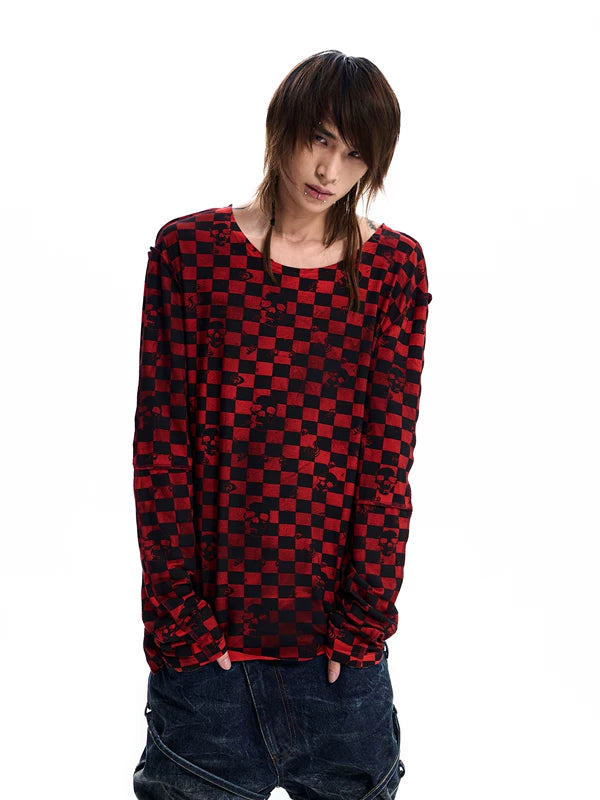 Skull Checkered Print Long-Sleeve T-Shirt 1
