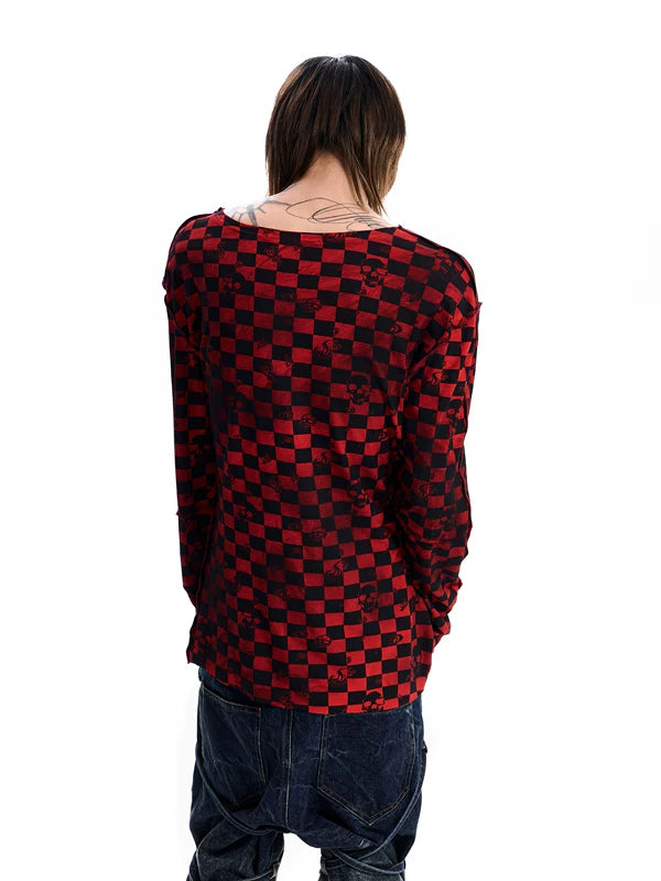 Skull Checkered Print Long-Sleeve T-Shirt 2