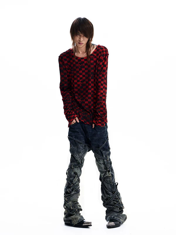 Skull Checkered Print Long-Sleeve T-Shirt 3
