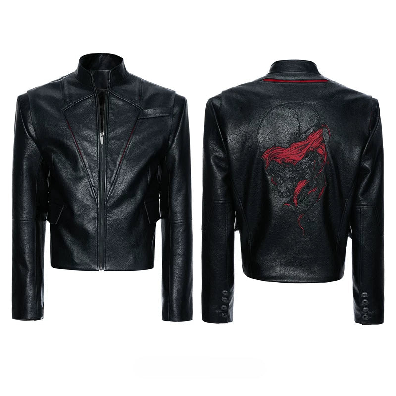 6296681266608,6130515484734,6130515484733,6130515484732, Skull Graphic Waxed Leather Jacket