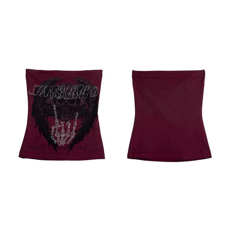 6227021143275,6227021143276,6227021143277,6227021143278, Skull Print Rhinestone Bandeau Top
