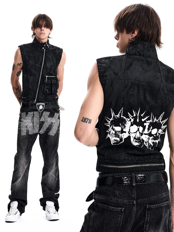 Skull Print Waxed Denim Vest 1
