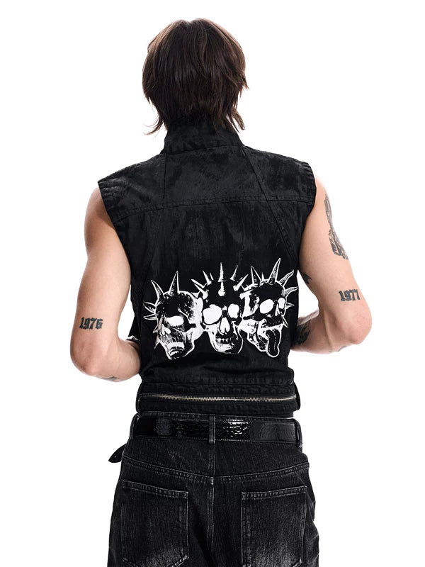Skull Print Waxed Denim Vest 2