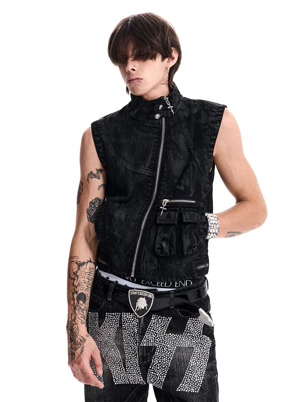 Skull Print Waxed Denim Vest 3