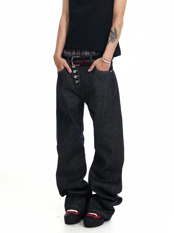 Slanted Placket Raw Denim Jeans 2
