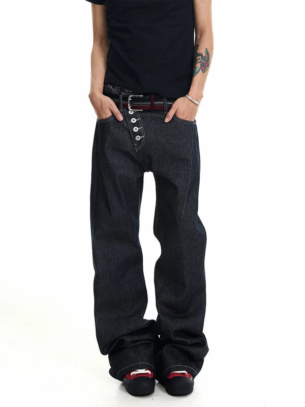 Slanted Placket Raw Denim Jeans 5