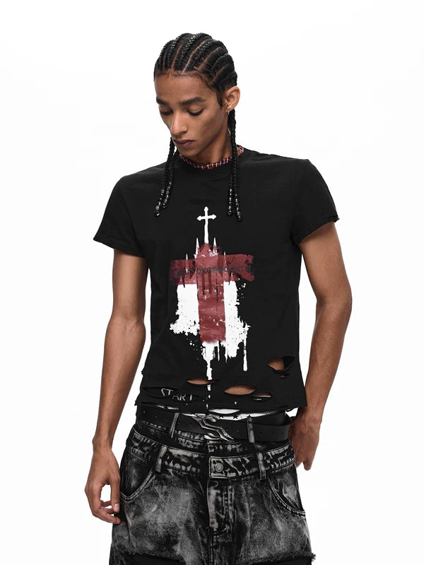 Slim Fit Cross Print Distressed T-Shirt 2