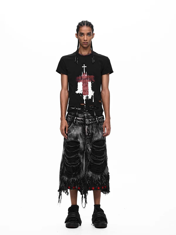 Slim Fit Cross Print Distressed T-Shirt 3