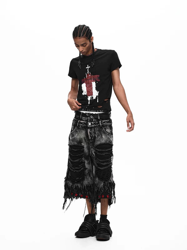 Slim Fit Cross Print Distressed T-Shirt 4
