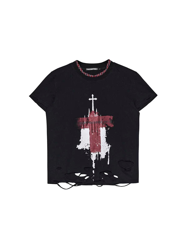 Slim Fit Cross Print Distressed T-Shirt 5