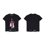 6061480920378,6061480920379,6061480920380,6061480920381, Slim Fit Cross Print Distressed T-Shirt