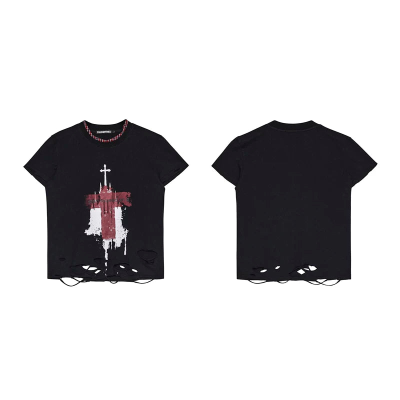 6061480920378,6061480920379,6061480920380,6061480920381, Slim Fit Cross Print Distressed T-Shirt