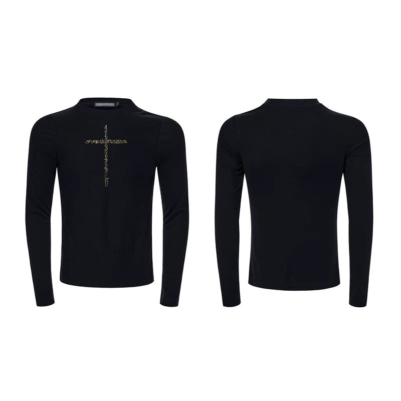 6200020974144,6200020974145,6200020974146,6200020974147, Slim Fit Cross Print Long-Sleeve T-Shirt