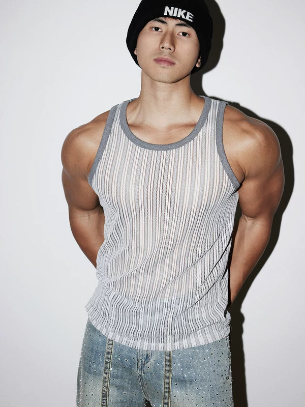 Slim Fit Hollowed-Out Striped Tank Top 1