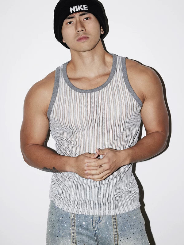 Slim Fit Hollowed-Out Striped Tank Top 5