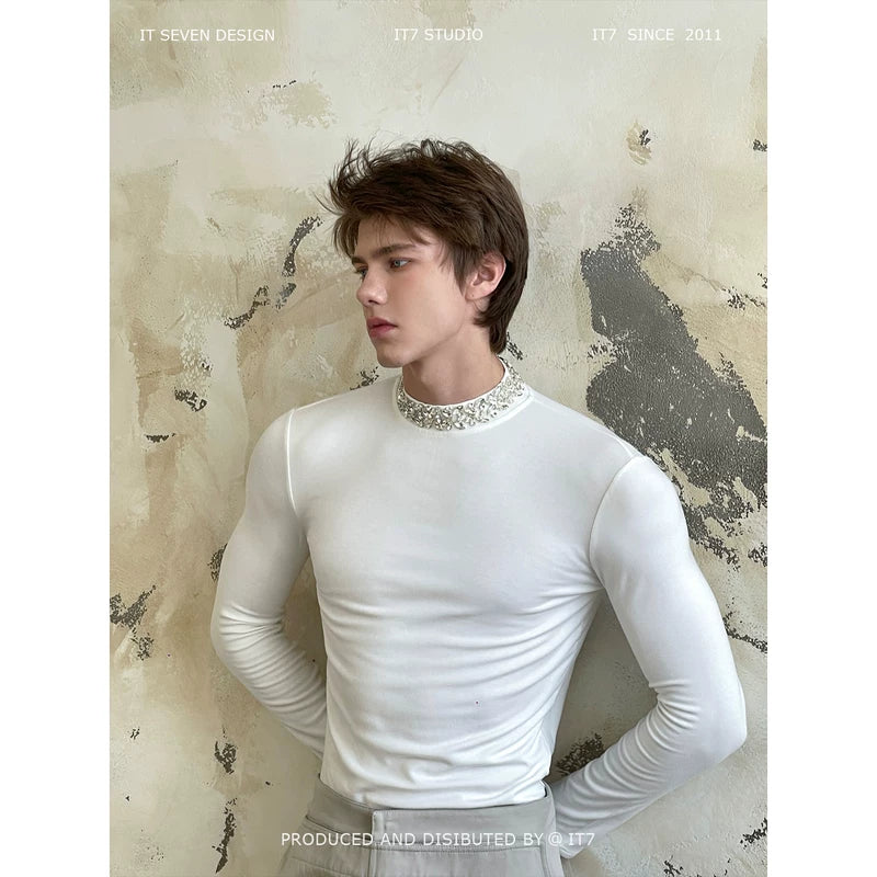 Slim Fit Long Sleeve Rhinestone Collar T-Shirt 1