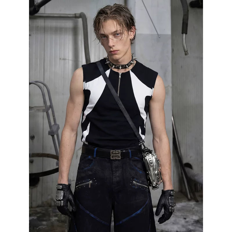 6252483295433,6252483295434,6252483295435, Slim Fit Patchwork Zipper Vest