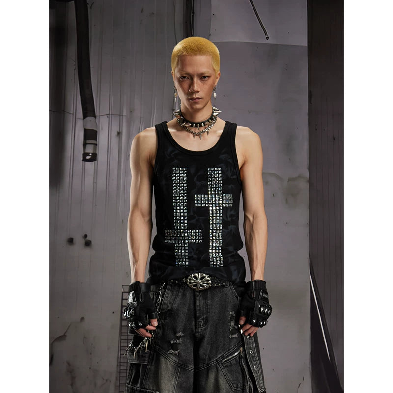 6088491508860,6088491508861,6088491508862, Slim Fit Rhinestone Cross Sleeveless Vest
