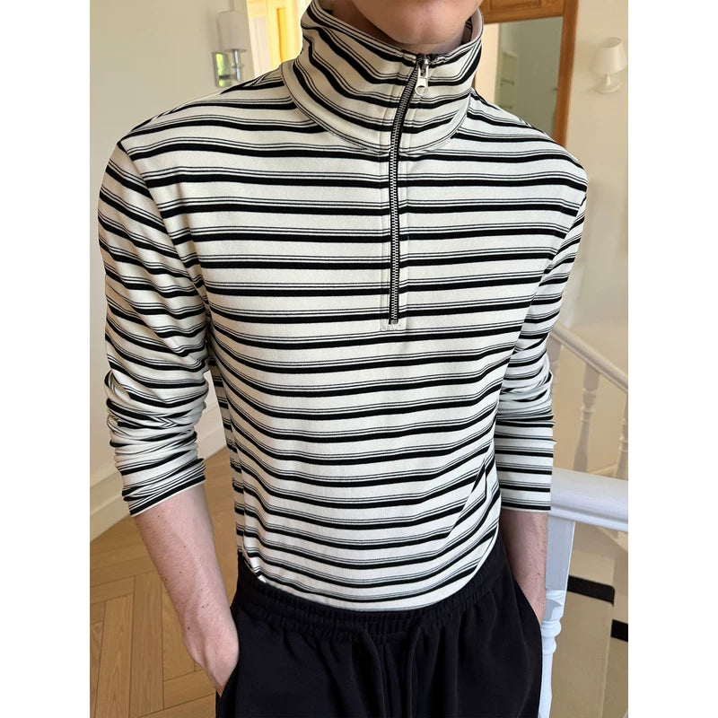 Slim Fit Striped Stand Collar Long Sleeve Tee 2