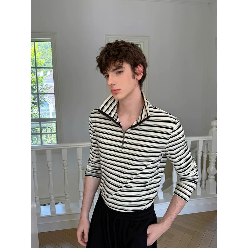 Slim Fit Striped Stand Collar Long Sleeve Tee 4