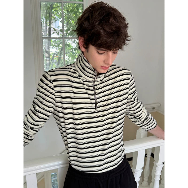 Slim Fit Striped Stand Collar Long Sleeve Tee 5