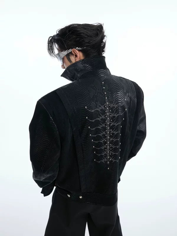 Snake Print Rivet Spine Leather Jacket 1