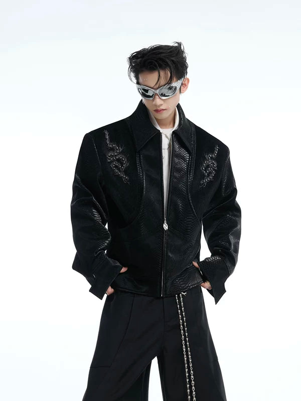 Snake Print Rivet Spine Leather Jacket 2