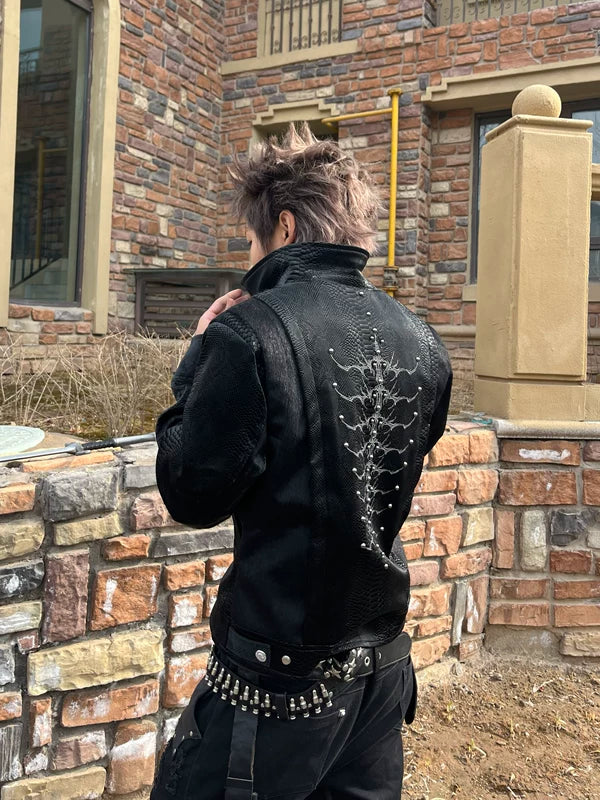 Snake Print Rivet Spine Leather Jacket 4