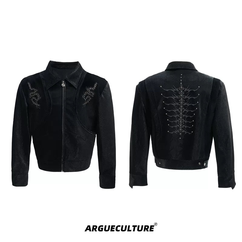 6027782181420,6027782181425,6027782181430,6027782181435, Snake Print Rivet Spine Leather Jacket