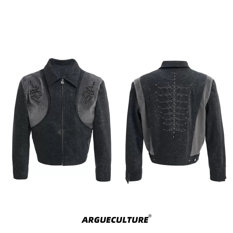 6027782181422,6027782181427,6027782181432,6027782181437, Snake Print Rivet Spine Leather Jacket