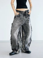 Snakeskin Patchwork Distressed Wide Leg Jeans Pants 1