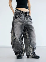 Snakeskin Patchwork Distressed Wide Leg Jeans Pants 2