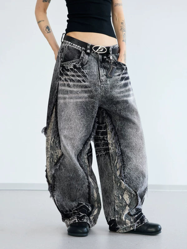 Snakeskin Patchwork Distressed Wide Leg Jeans Pants 2