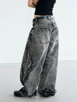Snakeskin Patchwork Distressed Wide Leg Jeans Pants 3