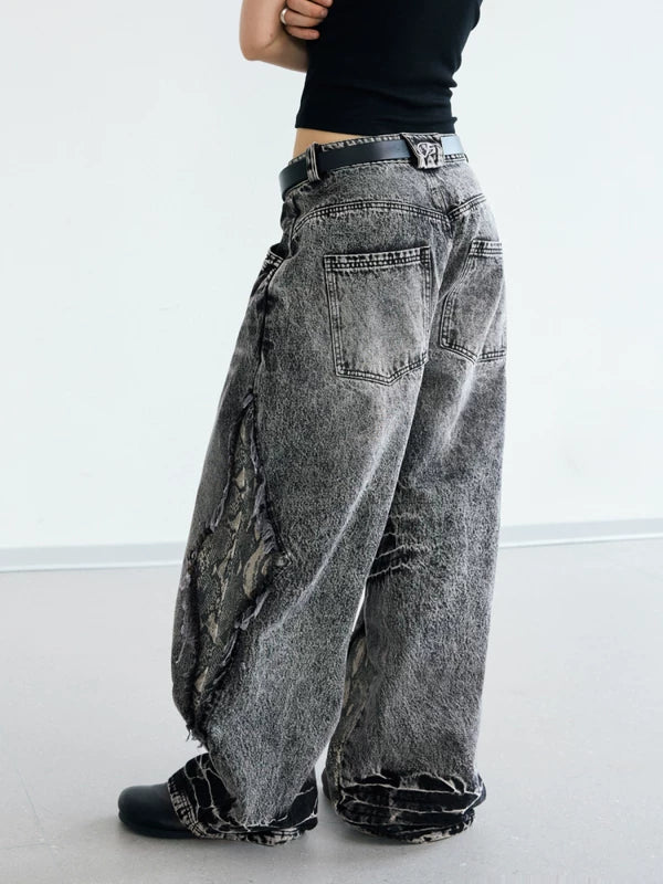 Snakeskin Patchwork Distressed Wide Leg Jeans Pants 3
