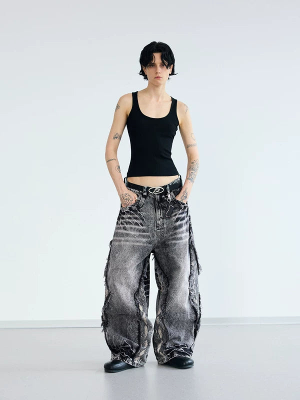 Snakeskin Patchwork Distressed Wide Leg Jeans Pants 4