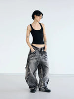 Snakeskin Patchwork Distressed Wide Leg Jeans Pants 5