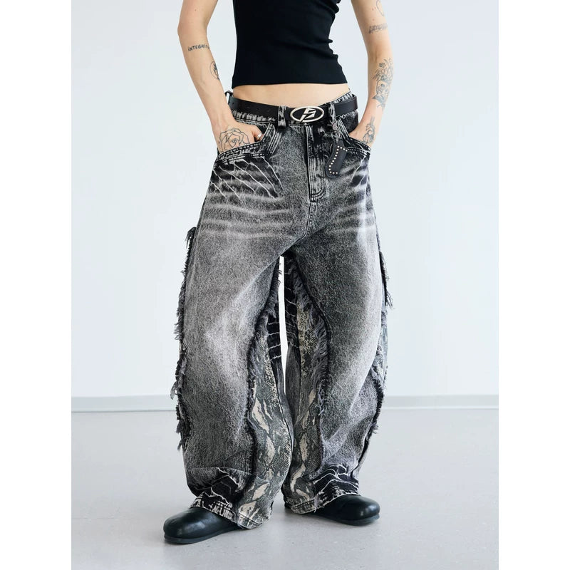 5713563865324,5713563865325,5713563865326,5713563865327, Snakeskin Patchwork Distressed Wide Leg Jeans Pants
