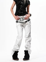 Snakeskin Patchwork Double Waistband Straight Jeans 1