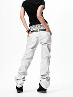 Snakeskin Patchwork Double Waistband Straight Jeans 3