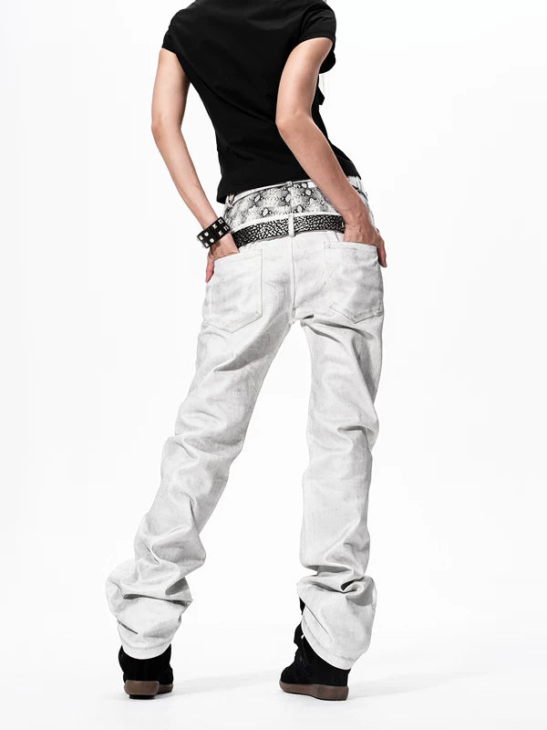 Snakeskin Patchwork Double Waistband Straight Jeans 3