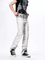 Snakeskin Patchwork Double Waistband Straight Jeans 4