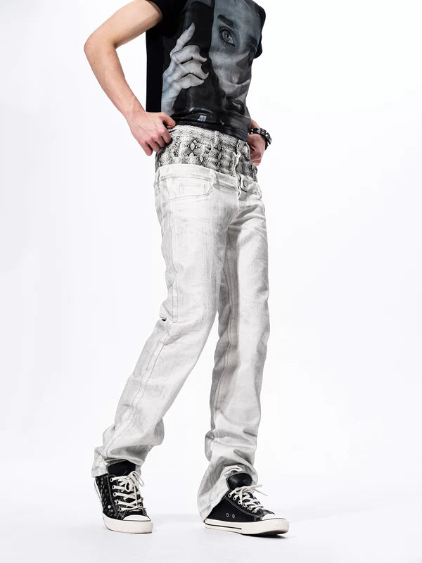 Snakeskin Patchwork Double Waistband Straight Jeans 4