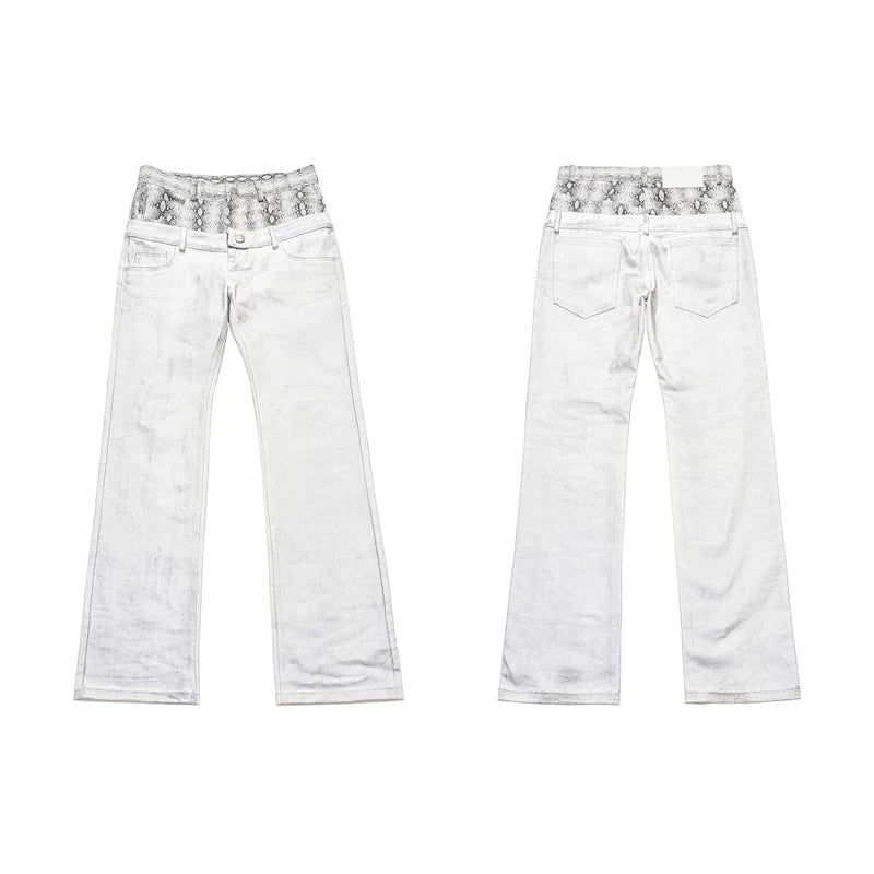 6259928227488,6259928227489,6259928227490,6259928227491, Snakeskin Patchwork Double Waistband Straight Jeans