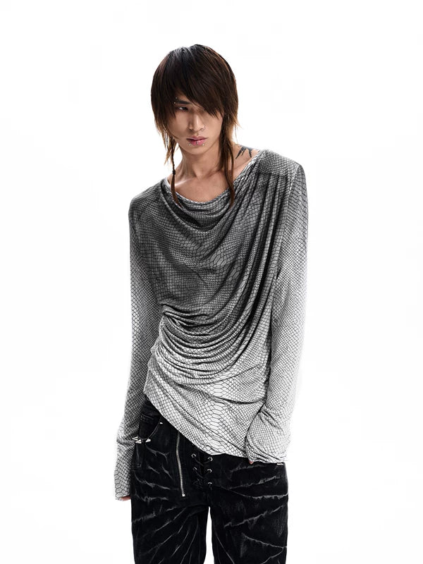 Snakeskin Print Cowl Neck Long-Sleeve Shirt 2